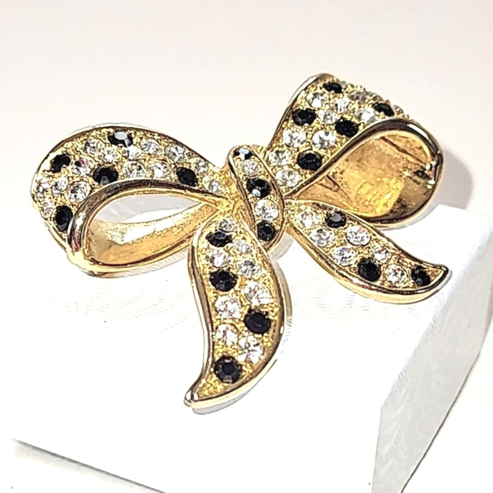 BLACK & CLEAR RHINESTONE BOW PIN BROOCH - Picture 3 of 7